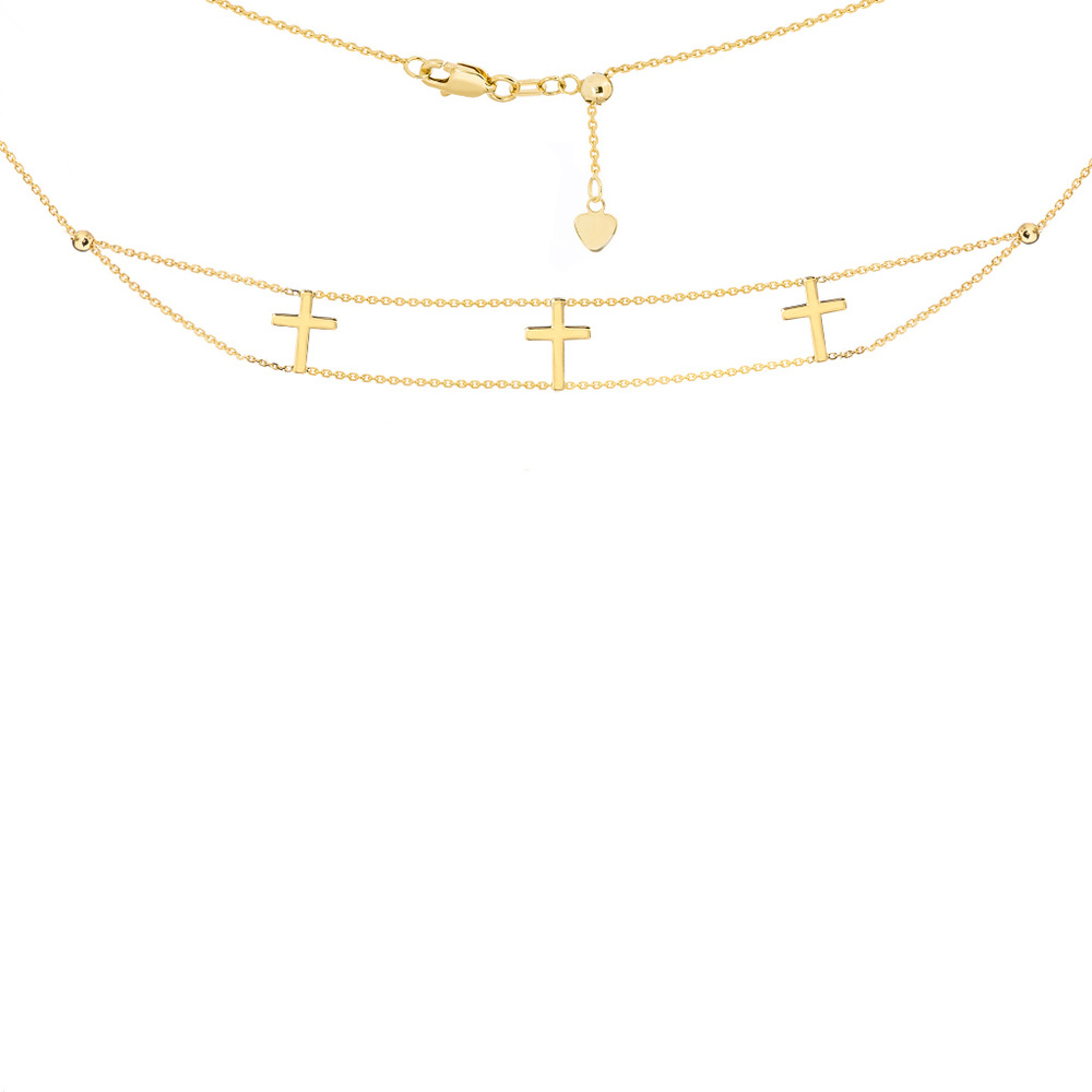 14K Solid Gold Triple Cross Choker Necklace - Picture 1 of 1